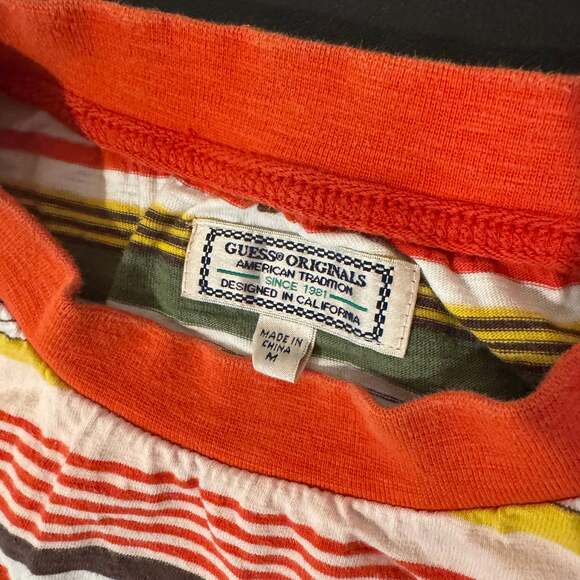 Vintage 90s Guess Originals Los Angeles Striped Embroidered Spell Out T-Shirt - Picture 3 of 5